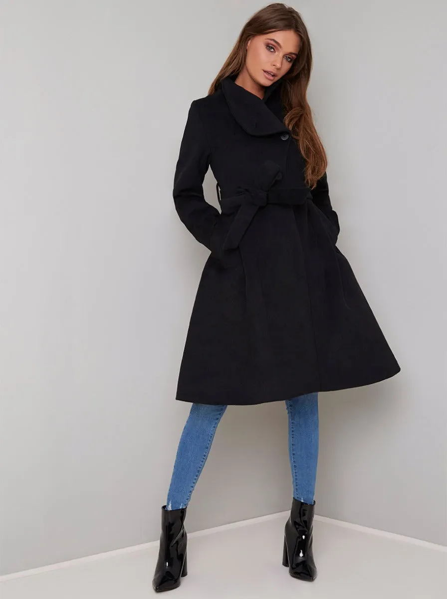 Longline High Neck Wrap Coat in Black sold by Chi Chi London