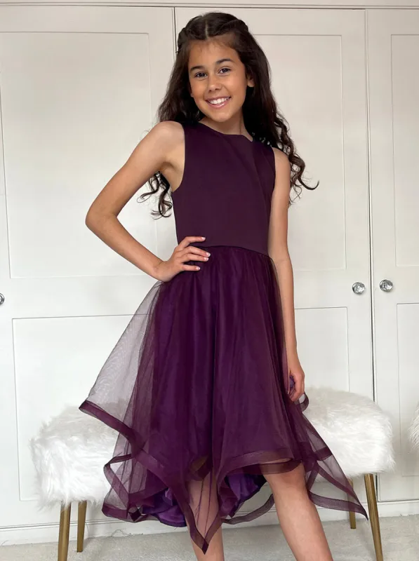 Girls Tulle Layered Midi Dress in Berry sold by Chi Chi London
