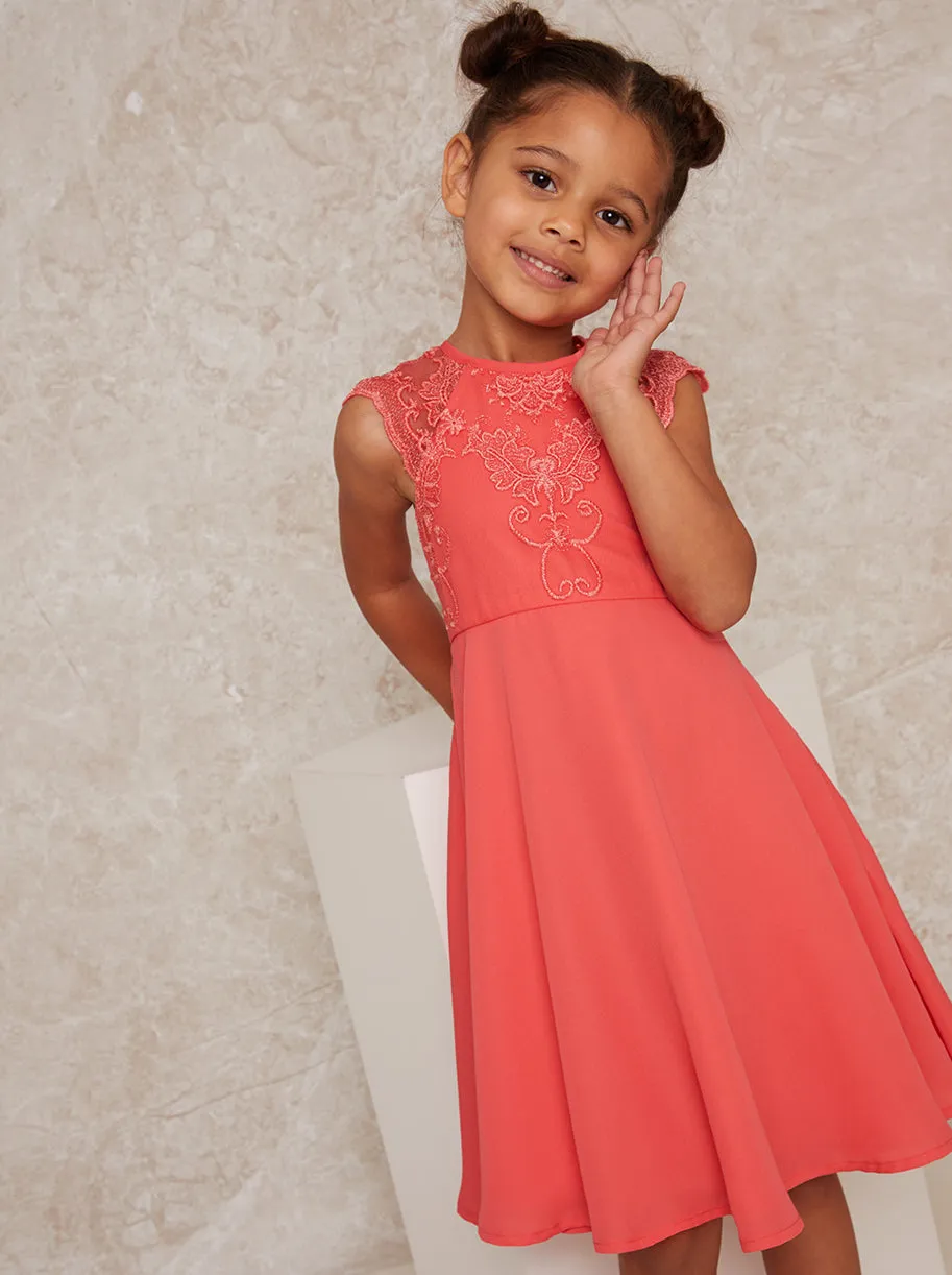Girls Embroidered Skater Dress in Orange sold by Chi Chi London