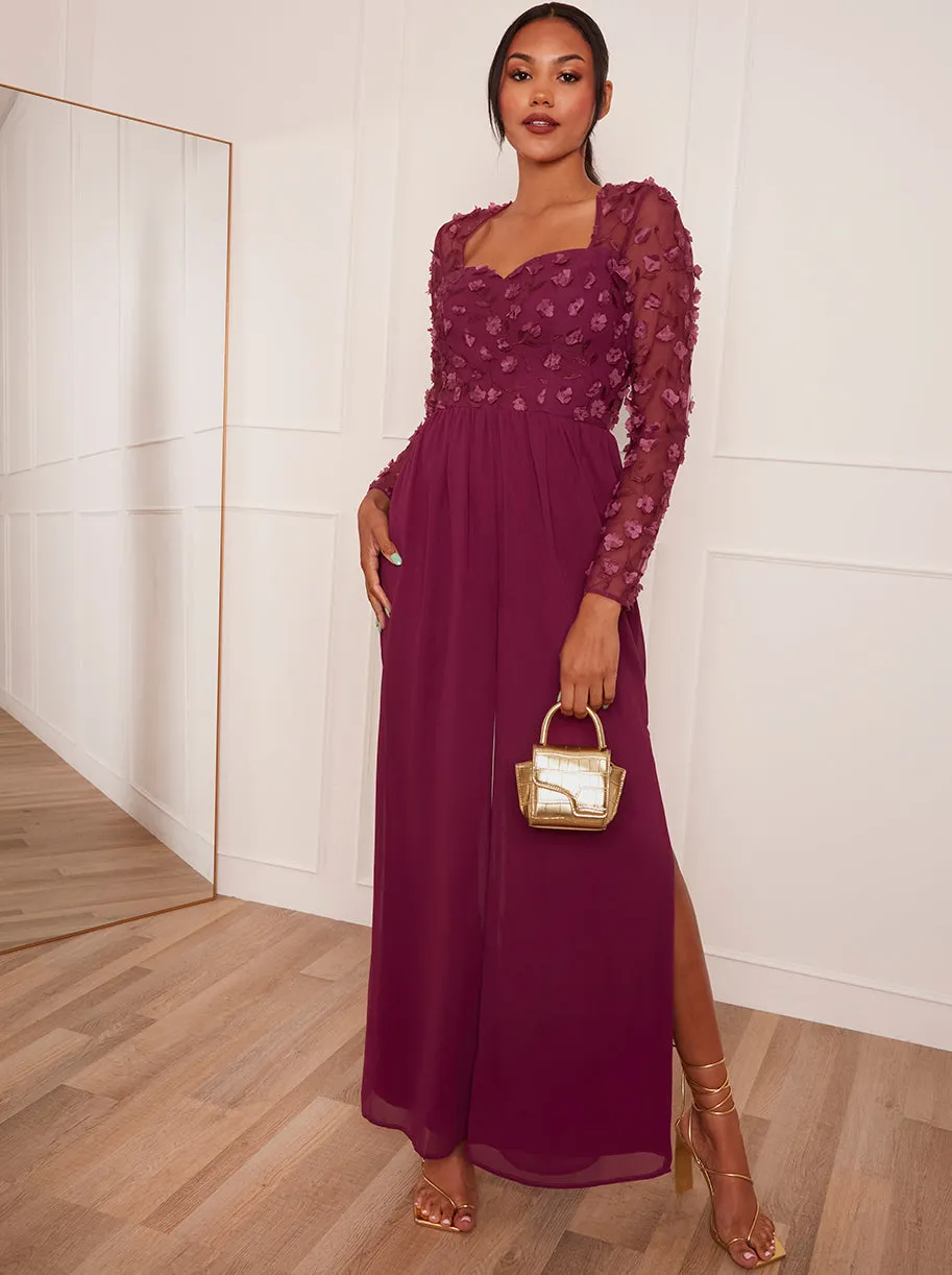 Long Sleeve Lace Wide Leg Jumpsuit in Burgundy sold by Chi Chi London