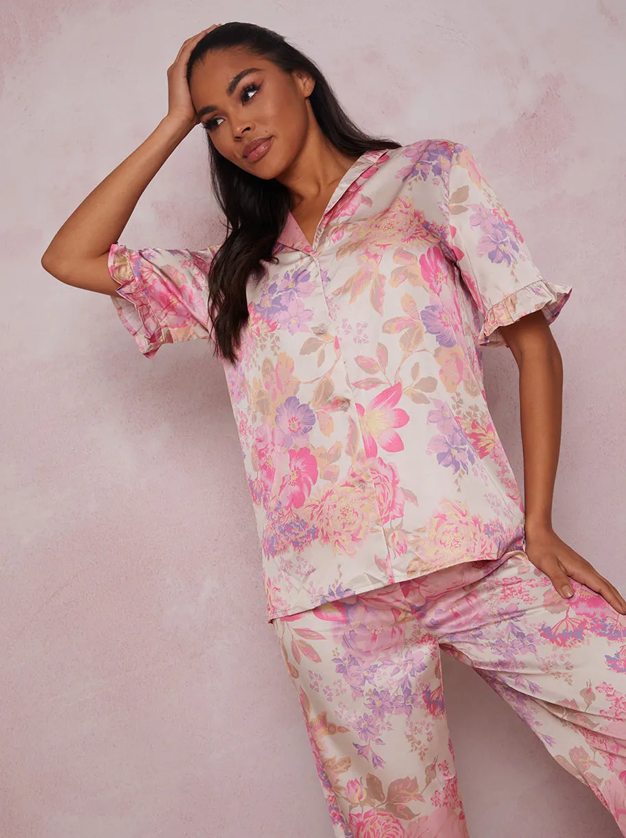 Floral Print Ruffle Detail Pyjama Set in Pink sold by Chi Chi London product image thumbnail 3