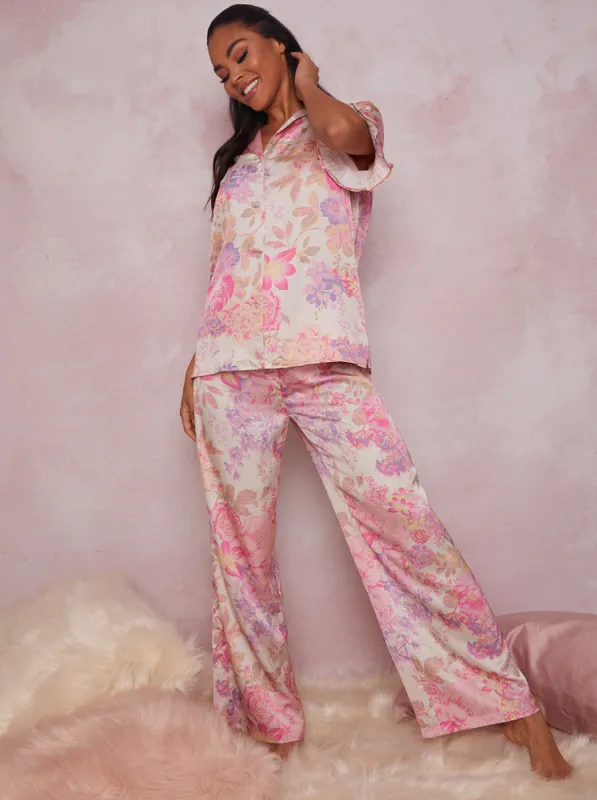 Floral Print Ruffle Detail Pyjama Set in Pink sold by Chi Chi London