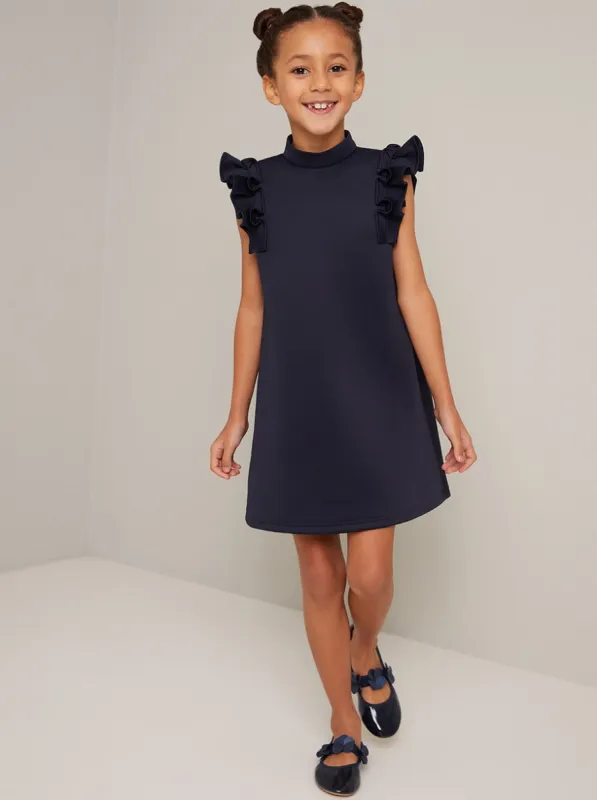 Girls High Neck Frill Sleeve Shift Dress in Blue sold by Chi Chi London