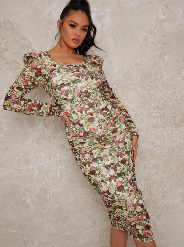 Long Sleeved Floral Ruched Midi Dress in Multi sold by Chi Chi London