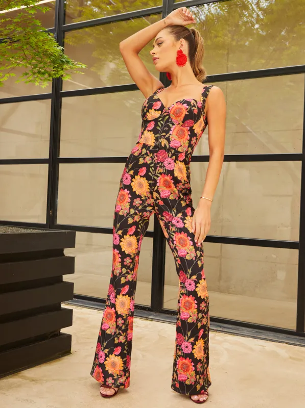 Sleeveless Sweetheart Floral Print Jumpsuit in Black sold by Chi Chi London