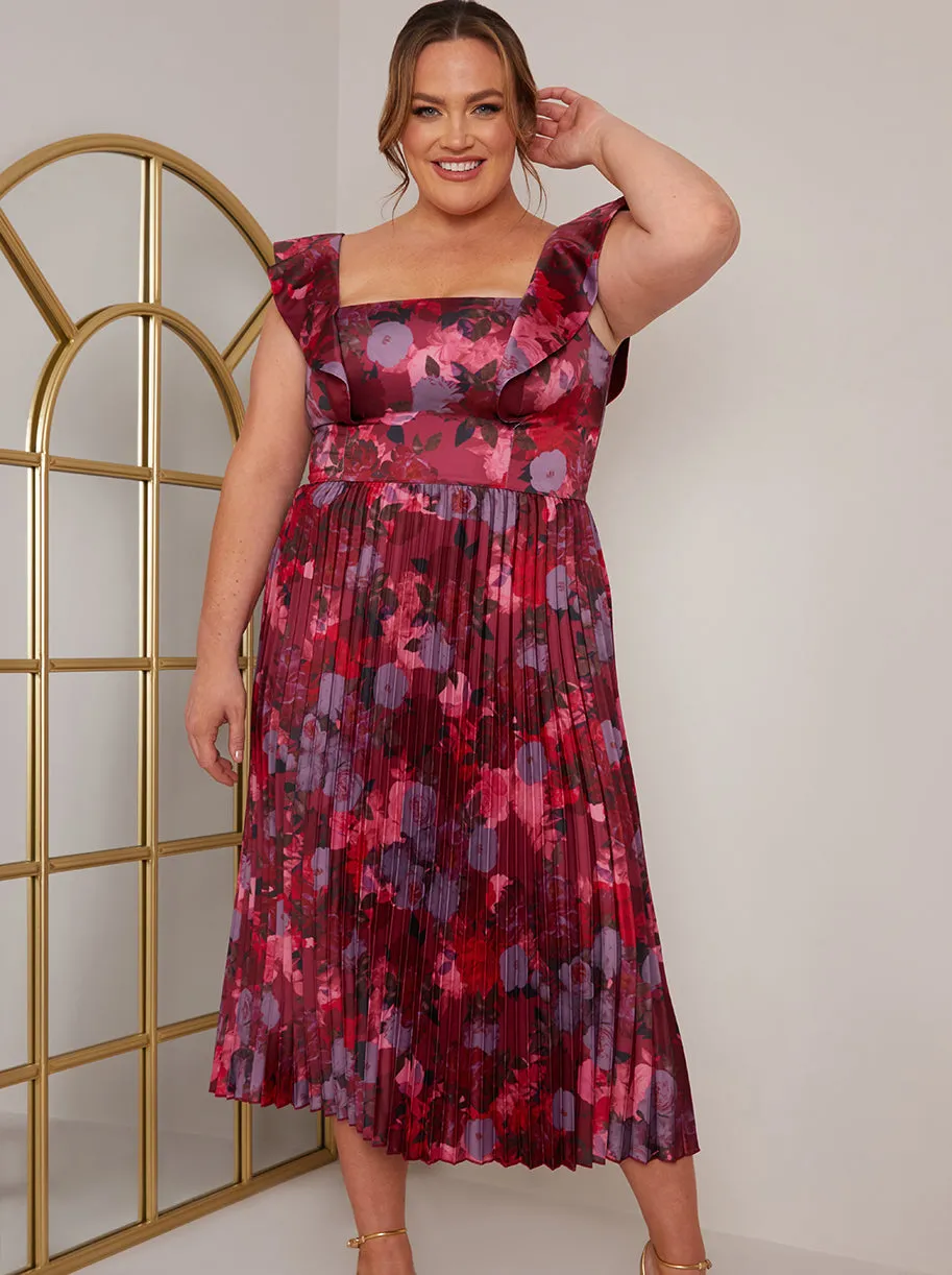 Plus Size Floral Print Ruffle Pleated Midi Dress in Burgundy sold by Chi Chi London