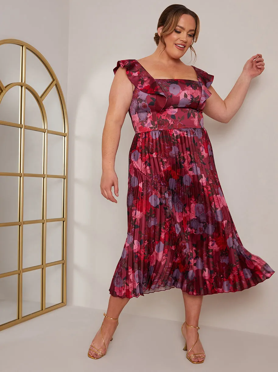Plus Size Floral Print Ruffle Pleated Midi Dress in Burgundy sold by Chi Chi London product image thumbnail 2