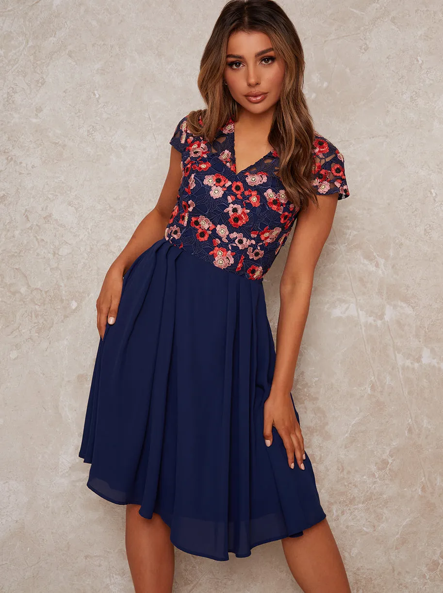 V Neck Crochet Midi Dress in Navy sold by Chi Chi London