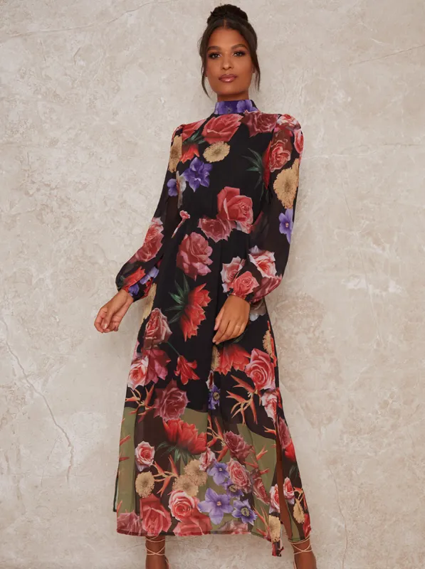 High Neck Floral Print Long Sleeve Maxi Dress in Black made by Chi Chi London