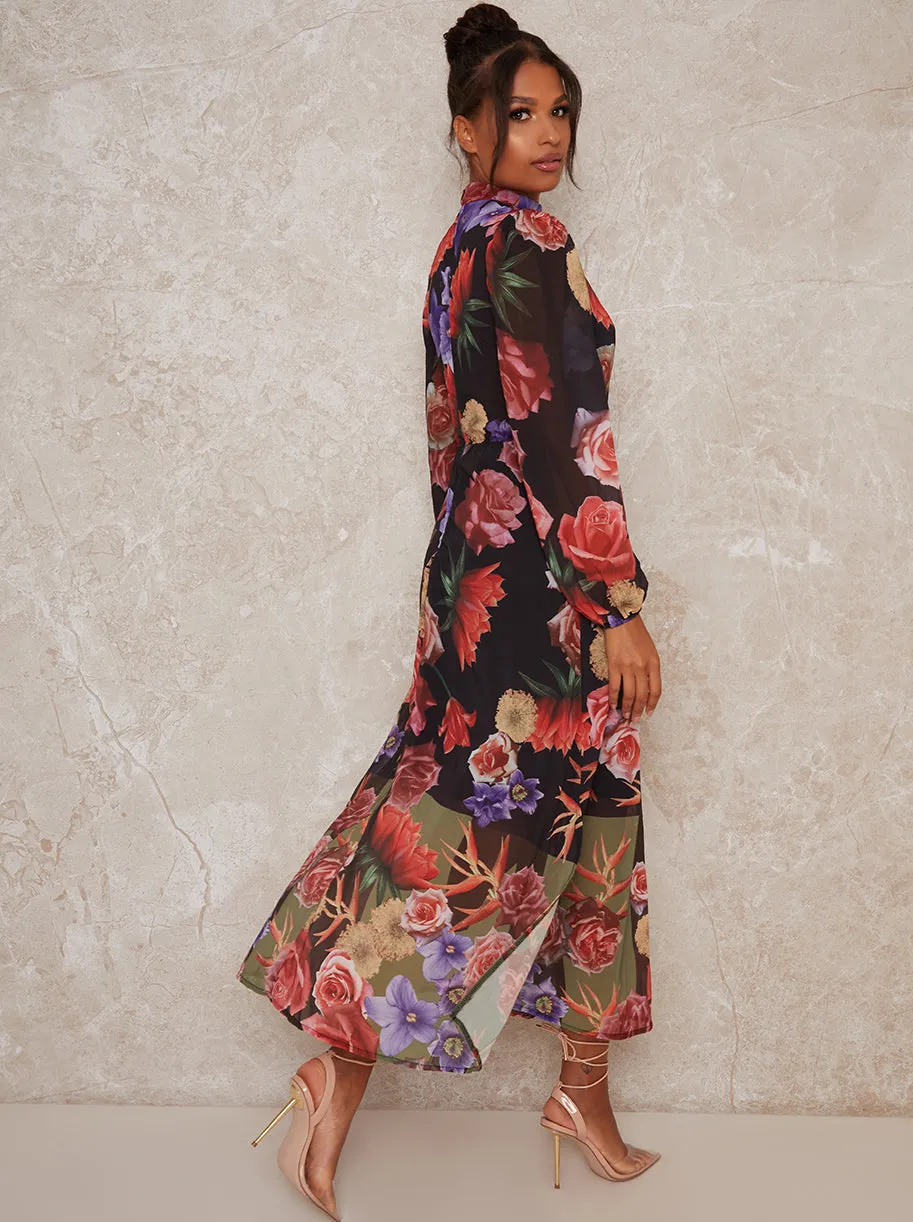 High Neck Floral Print Long Sleeve Maxi Dress in Black sold by Chi Chi London product image thumbnail 4