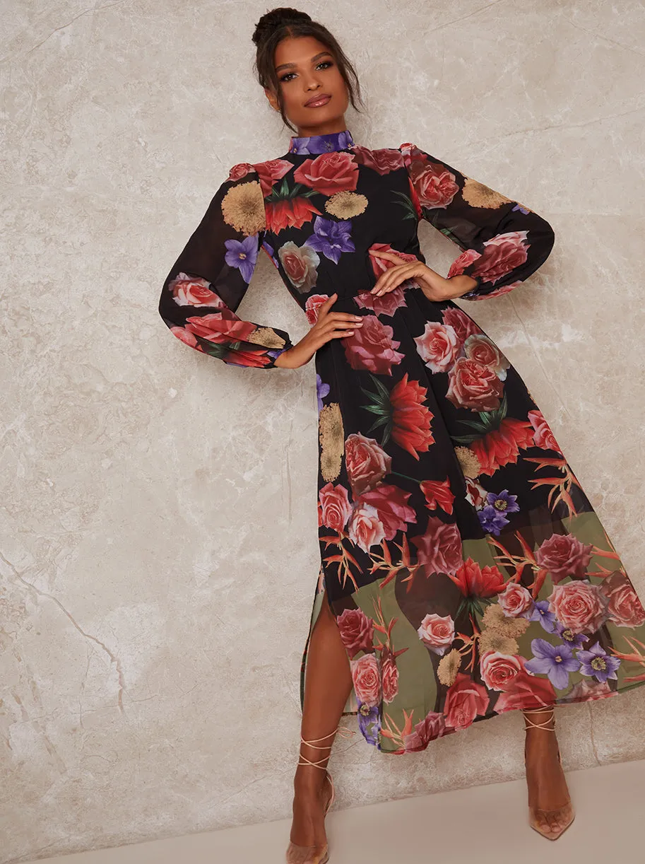 High Neck Floral Print Long Sleeve Maxi Dress in Black sold by Chi Chi London product image thumbnail 3