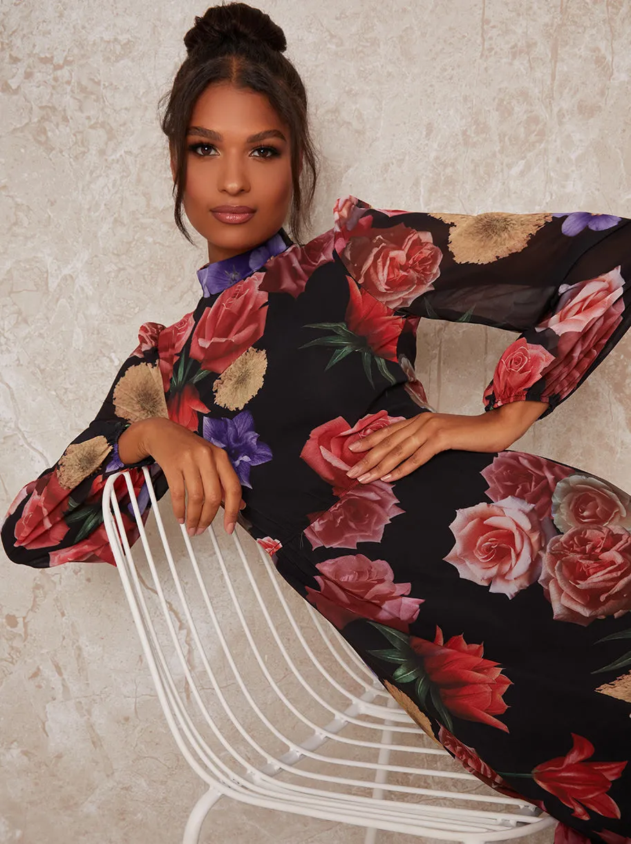 High Neck Floral Print Long Sleeve Maxi Dress in Black sold by Chi Chi London product image thumbnail 2