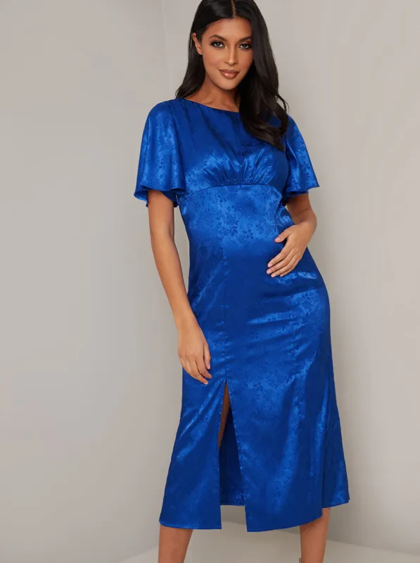 Maternity Angel Sleeve High Waist Midi Dress in Blue sold by Chi Chi London