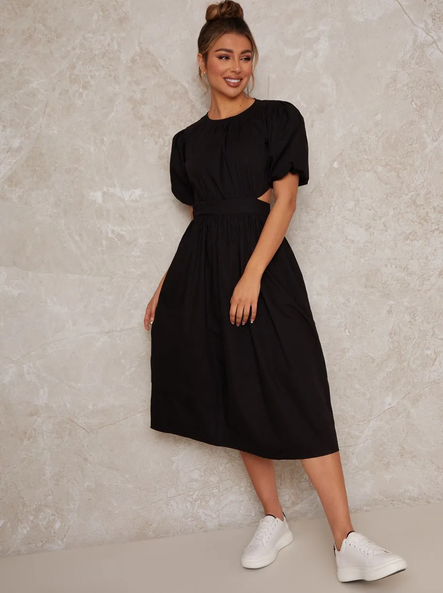 Open Back Puff Sleeve Midi Smock Dress in Black sold by Chi Chi London product image thumbnail 3