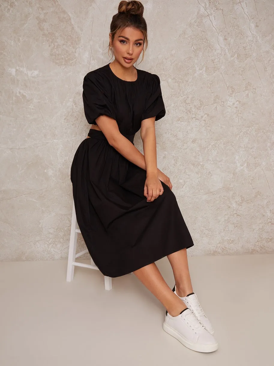 Open Back Puff Sleeve Midi Smock Dress in Black sold by Chi Chi London product image thumbnail 4