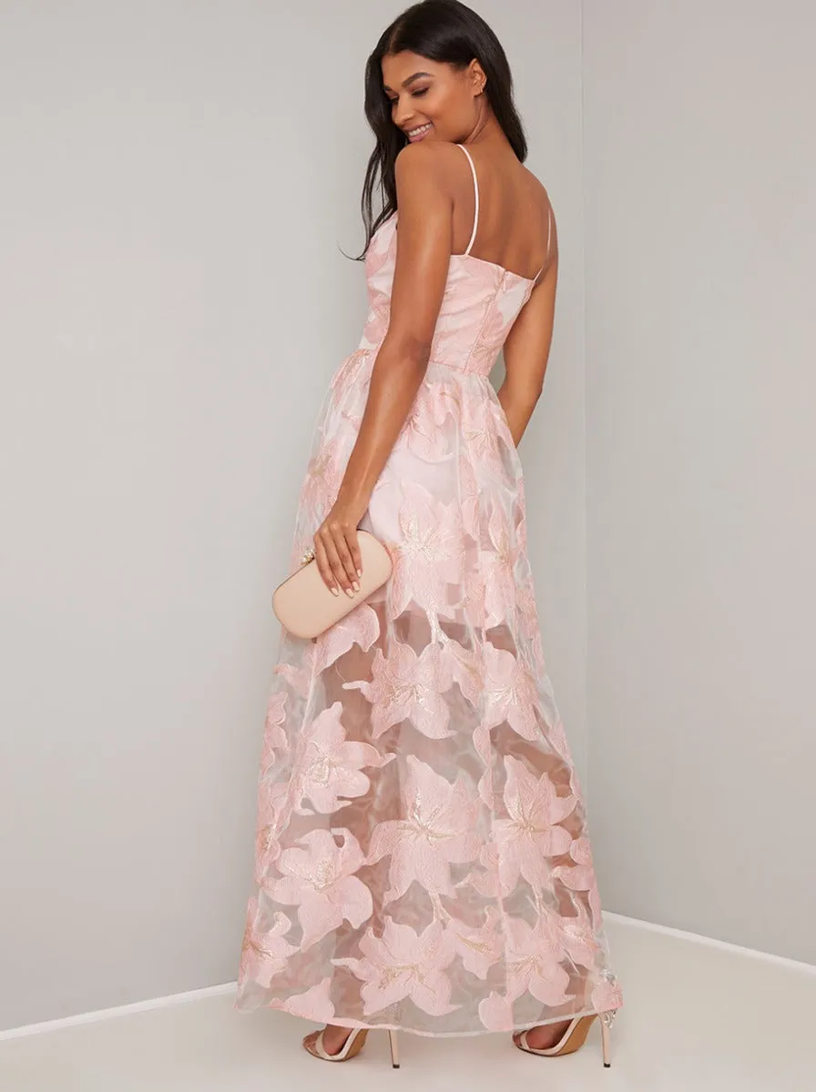 Cami Strap Sheer Maxi Dress with Mini Underlay in Pink sold by Chi Chi London product image thumbnail 4