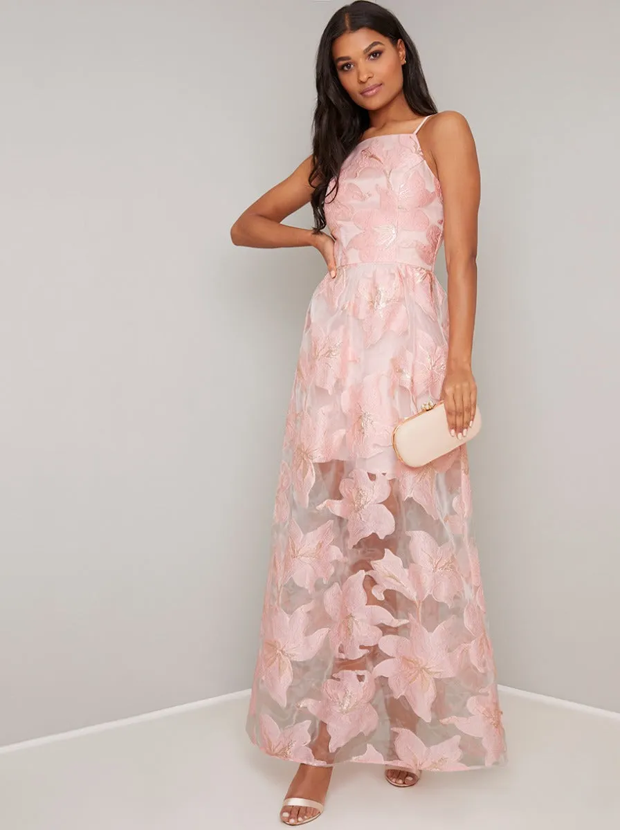 Cami Strap Sheer Maxi Dress with Mini Underlay in Pink sold by Chi Chi London