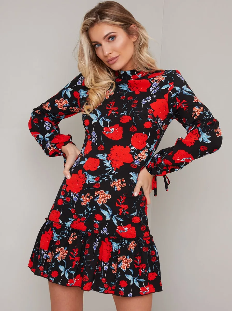 Long Sleeved Floral Print Mini Dress in Black sold by Chi Chi London product image thumbnail 3