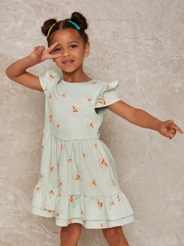 Girls Daisy Print Polka Dot Dress in Green sold by Chi Chi London