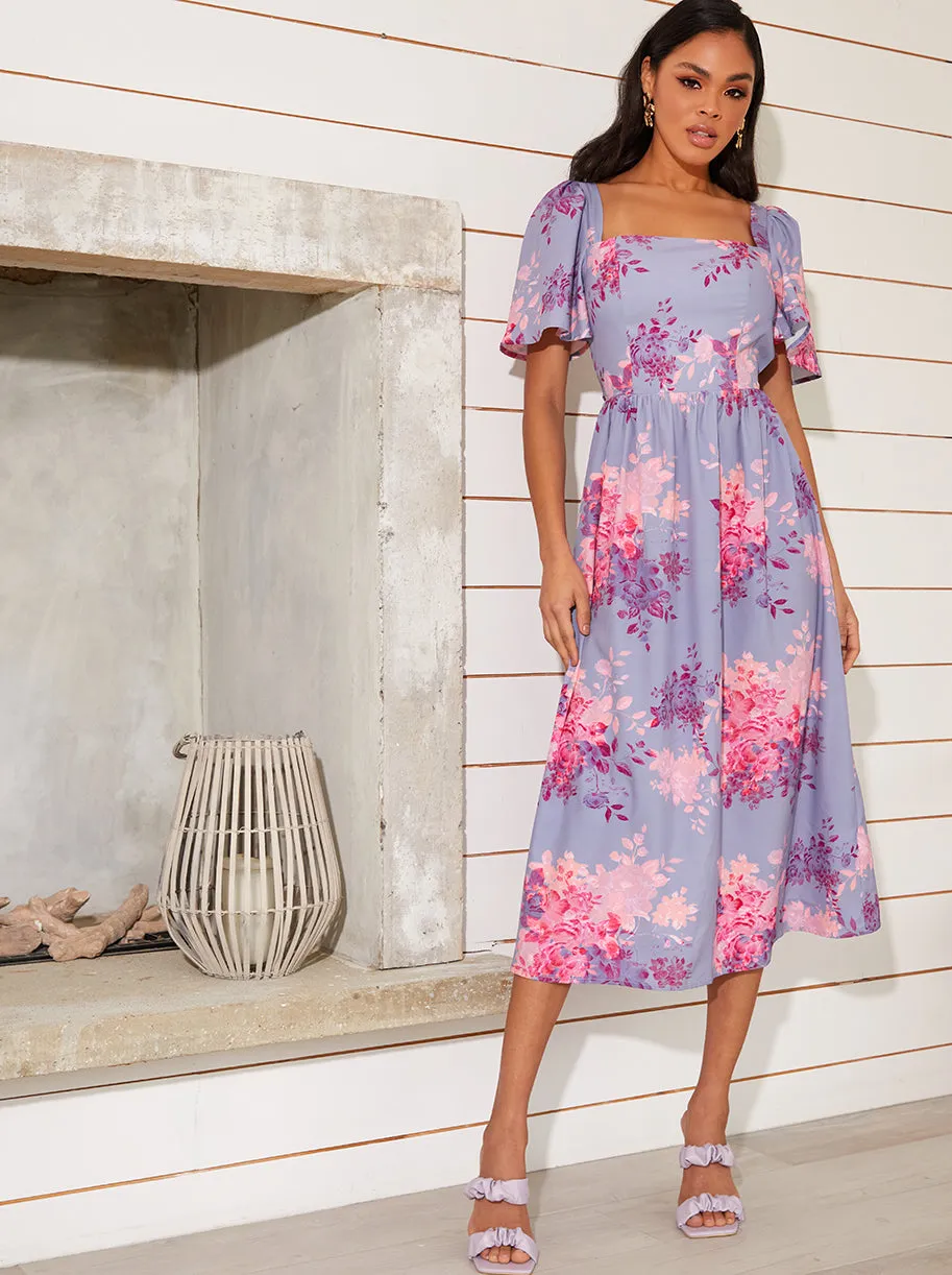Floral Printed Midi Dress in Purple sold by Chi Chi London product image thumbnail 2