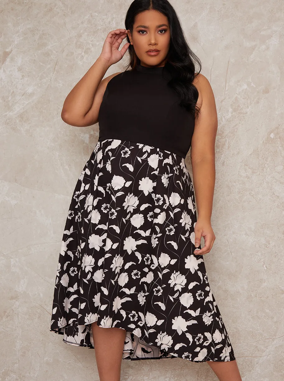Plus Size Floral Dip Hem Dress in Monochrome sold by Chi Chi London