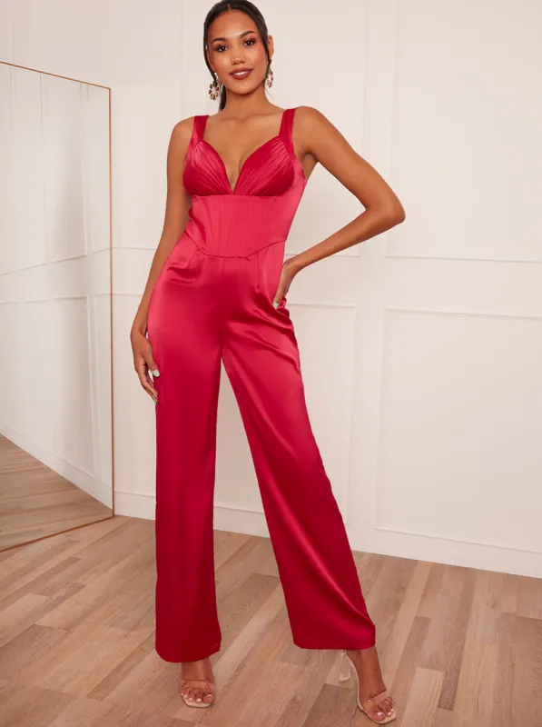 Corset Style Wide Leg Satin Jumpsuit in Pink sold by Chi Chi London