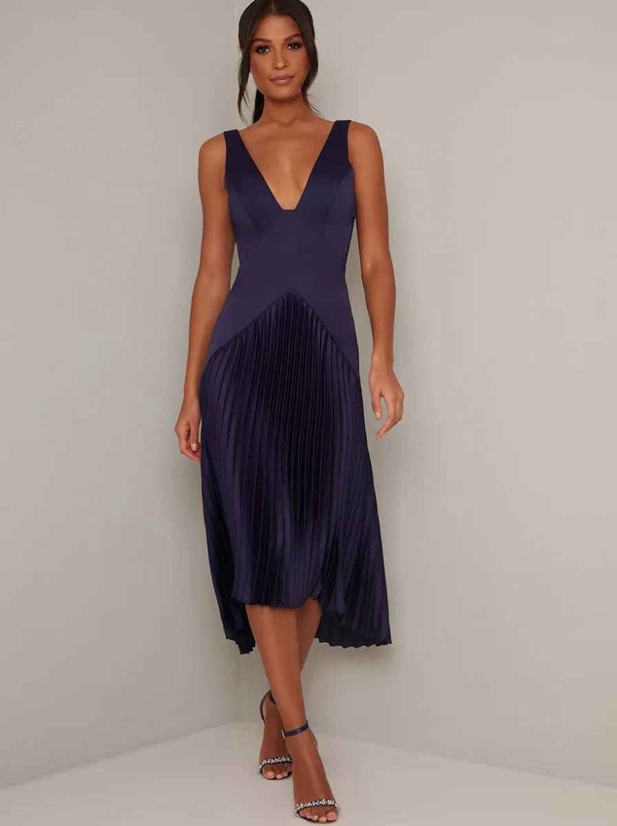 V Neck Satin Pleat Midi Dress in Blue sold by Chi Chi London product image thumbnail 3