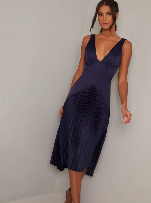 V Neck Satin Pleat Midi Dress in Blue sold by Chi Chi London