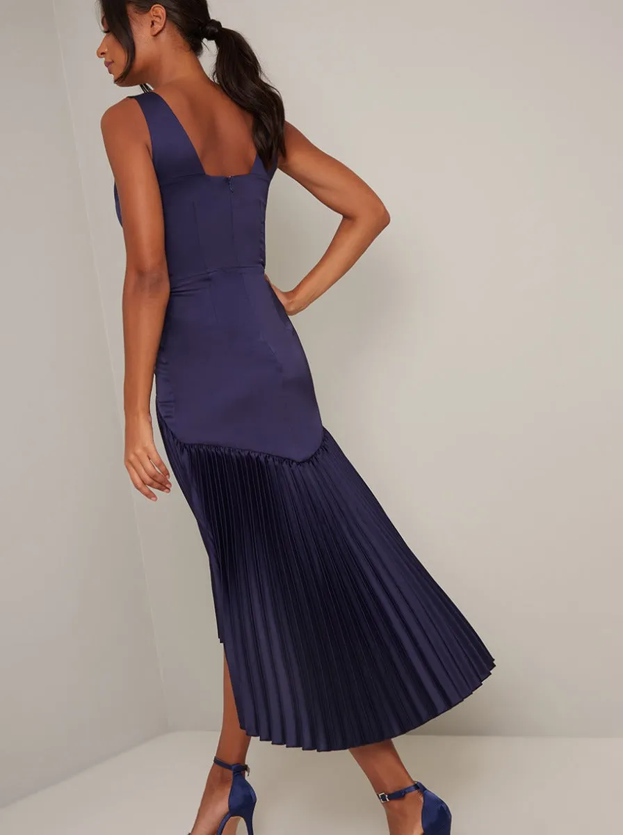 V Neck Satin Pleat Midi Dress in Blue sold by Chi Chi London product image thumbnail 4