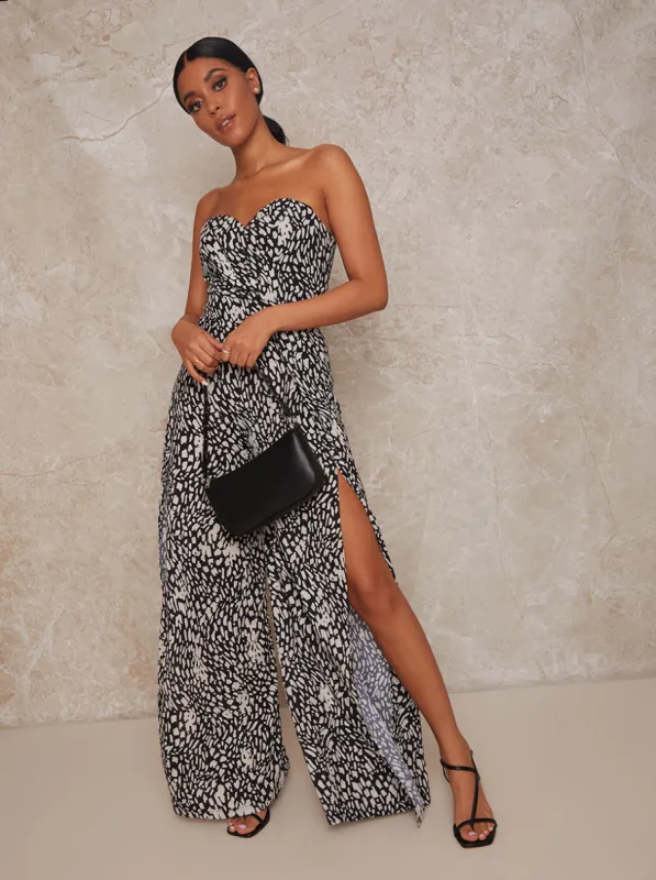 Bandeau Spot Print Split Leg Jumpsuit in Black sold by Chi Chi London