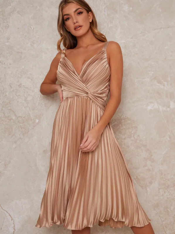 Satin Finish Cami Strap Pleated Midi Dress in Champagne sold by Chi Chi London