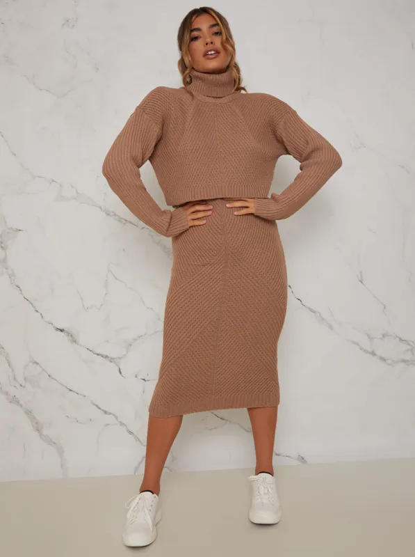 Knitted Maxi Skirt in Camel made by Chi Chi London