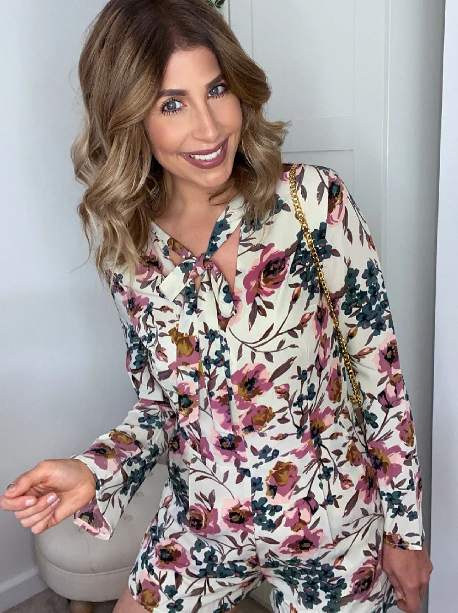 Floral Print Long Sleeved Playsuit in Cream sold by Chi Chi London product image thumbnail 2