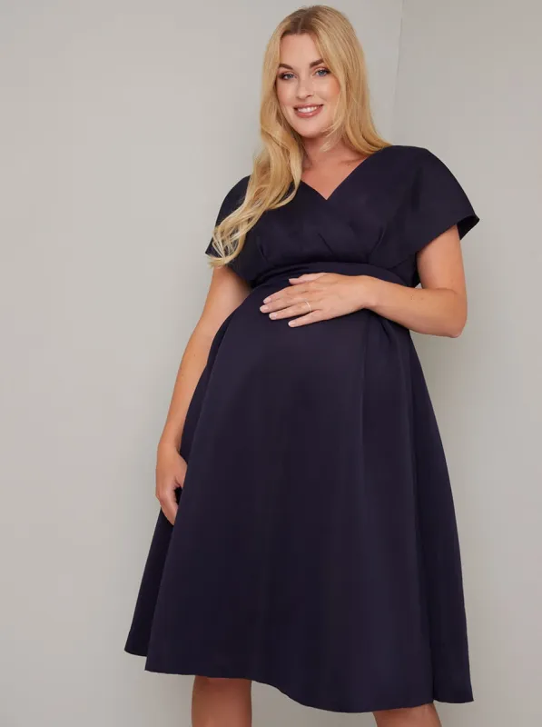 Maternity Plain Wrap Detail Midi Dress in Blue made by Chi Chi London