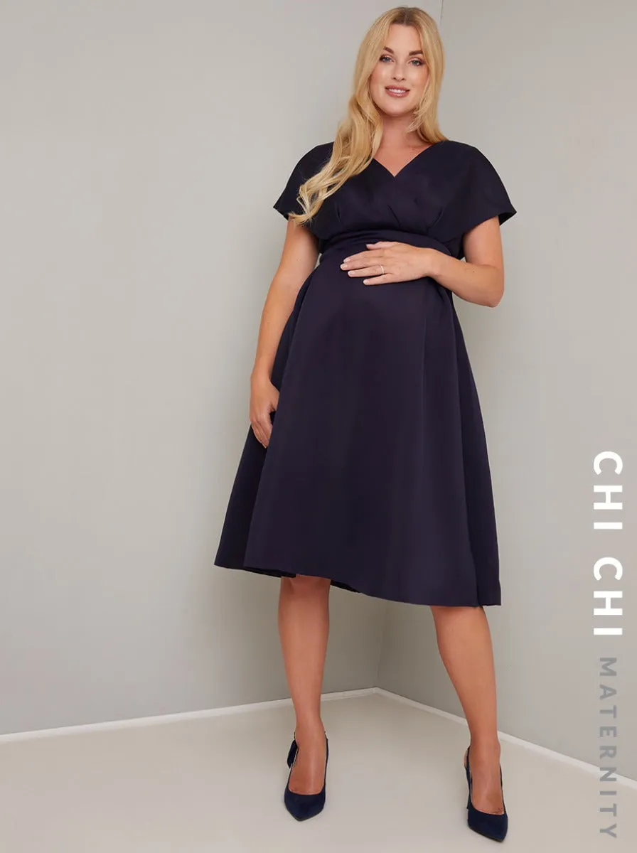 Maternity Plain Wrap Detail Midi Dress in Blue sold by Chi Chi London product image thumbnail 2