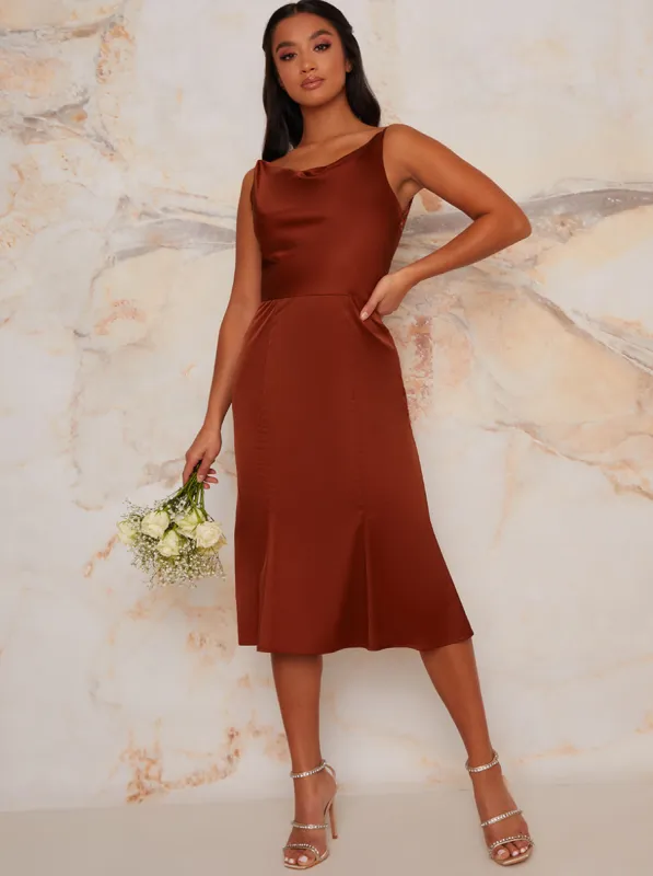 Petite Satin Slip Cami Midi Bridesmaids Dress in Orange sold by Chi Chi London