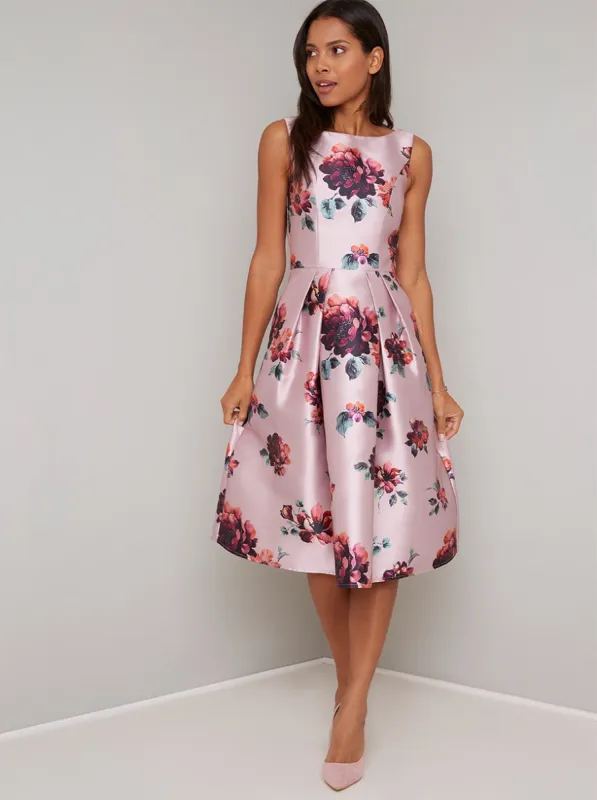 Scoop Back Box Pleat Midi Dress in Pink sold by Chi Chi London