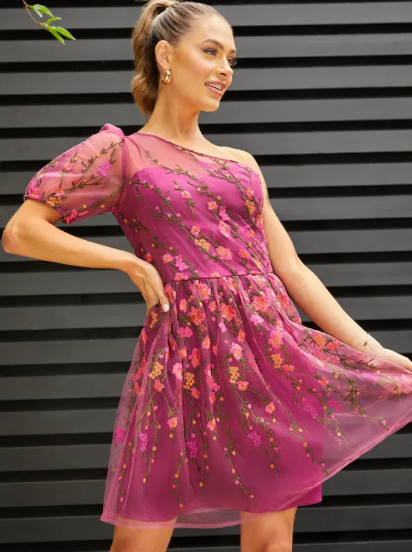 One Shoulder Embroidered Mini Dress in Berry sold by Chi Chi London