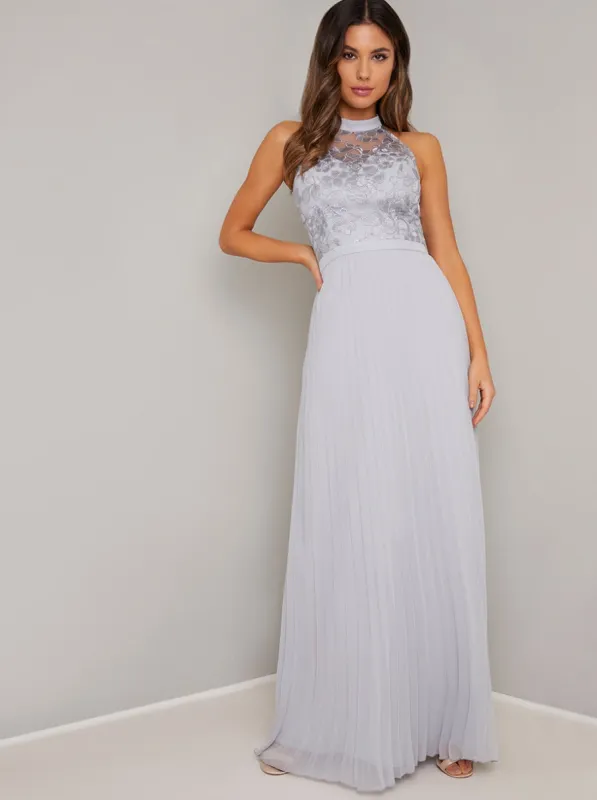 High Neck Embroidered Bodice Maxi Dress in Blue sold by Chi Chi London