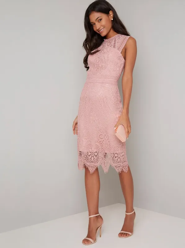 Bodycon Lace Overlay Midi Dress in Rose Gold sold by Chi Chi London