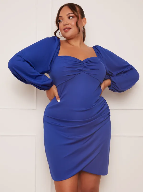 Plus Size Long Sleeve Bodycon Mini Dress in Blue sold by Chi Chi London