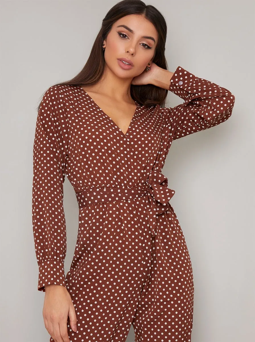 Polka Dot Long Sleeve Jumpsuit in Brown sold by Chi Chi London product image thumbnail 2