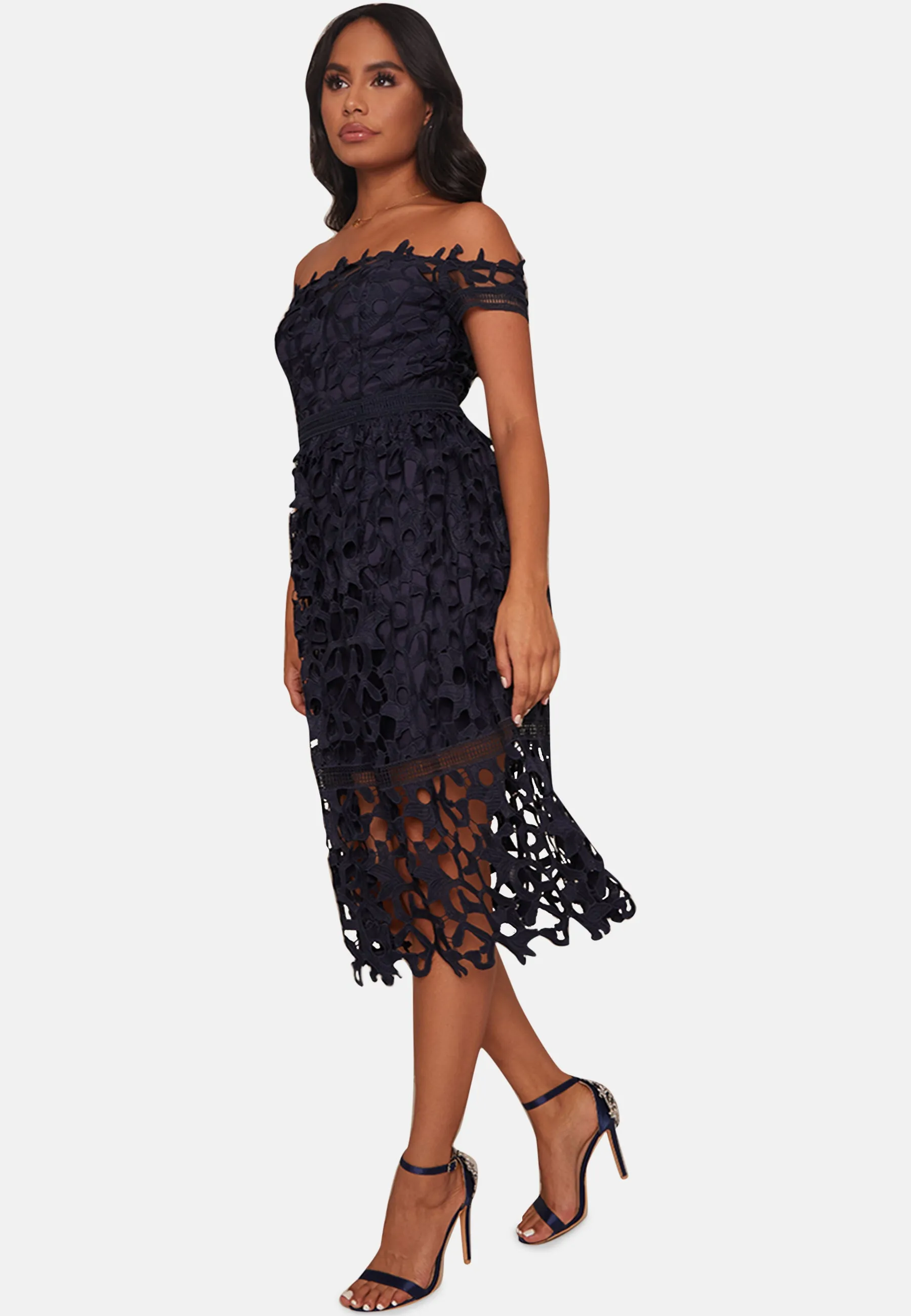 Crochet Bardot Midi Dress in Navy sold by Chi Chi London product image thumbnail 2