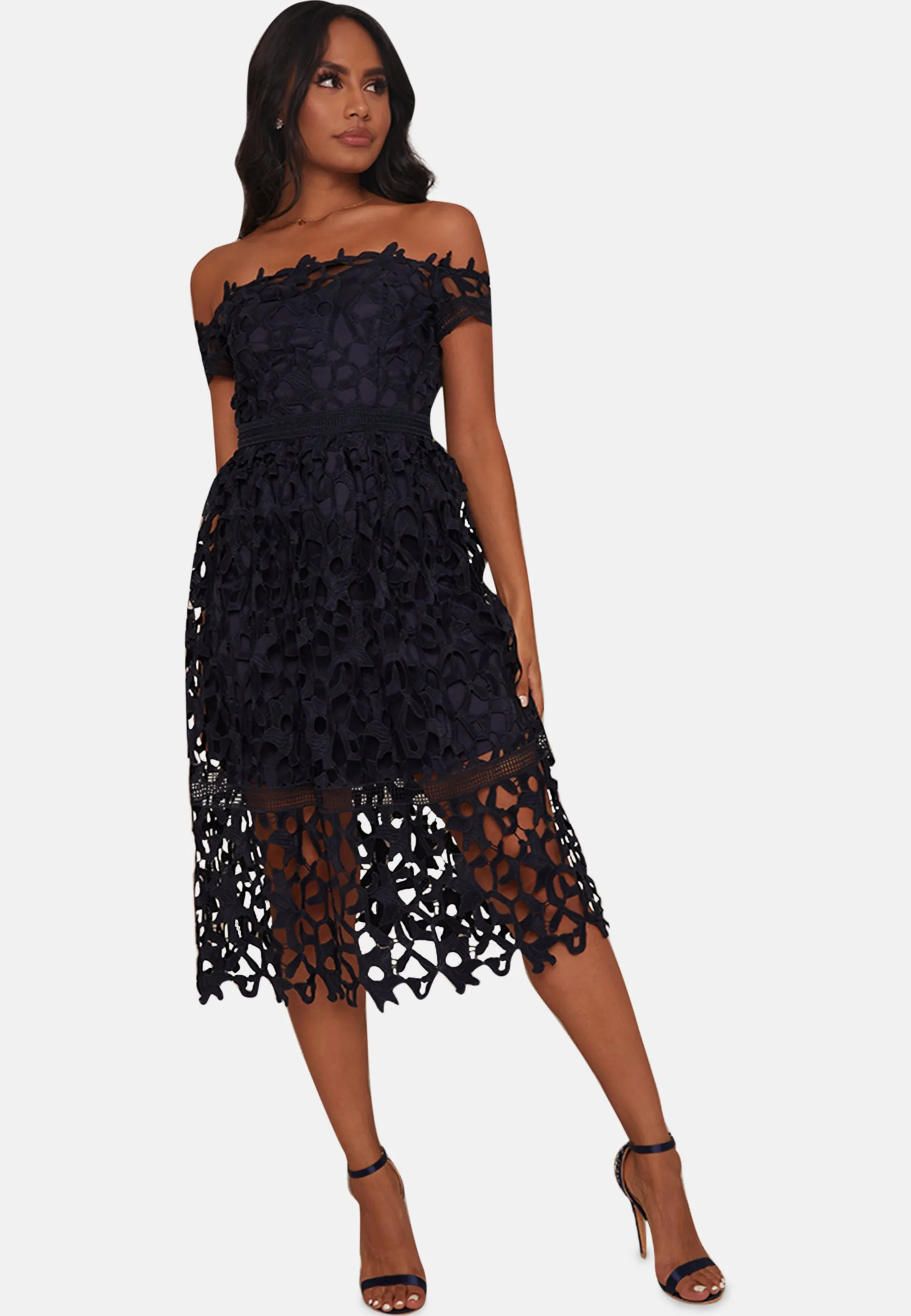 Crochet Bardot Midi Dress in Navy sold by Chi Chi London