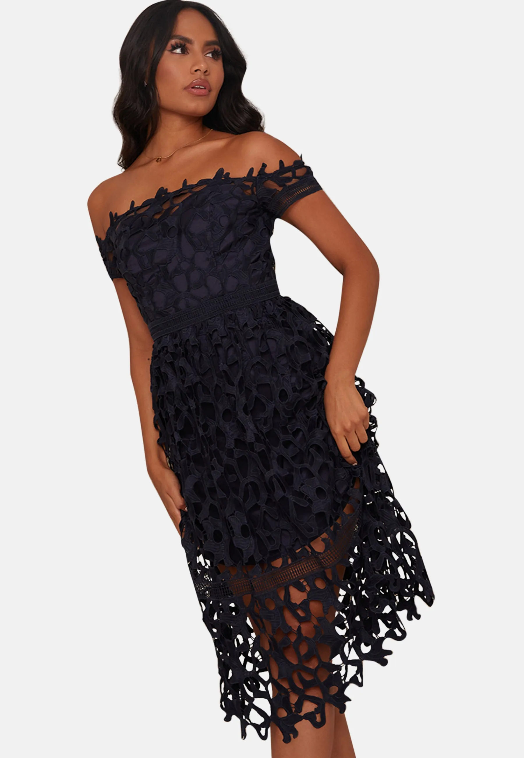Crochet Bardot Midi Dress in Navy sold by Chi Chi London product image thumbnail 3