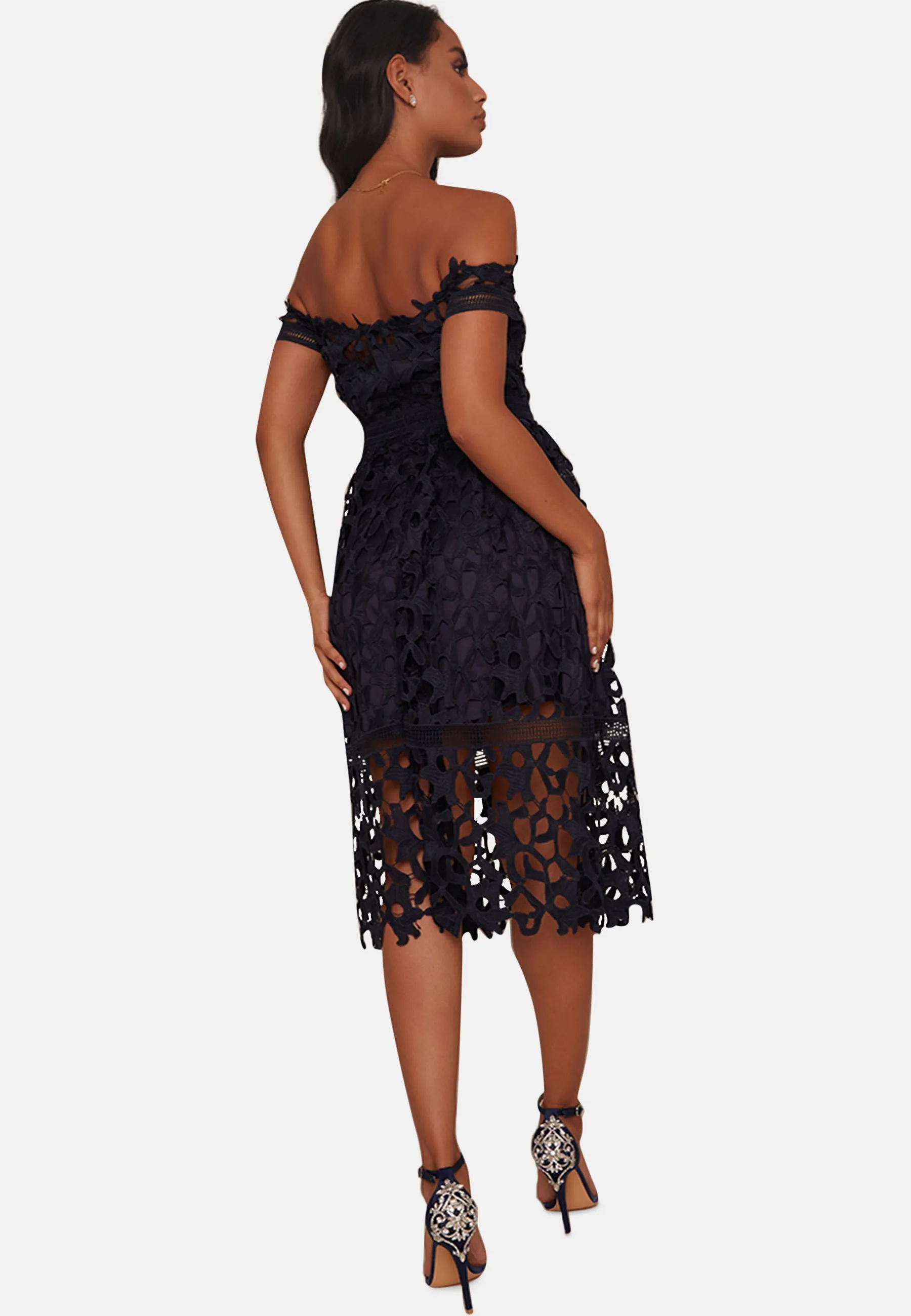 Crochet Bardot Midi Dress in Navy sold by Chi Chi London product image thumbnail 4