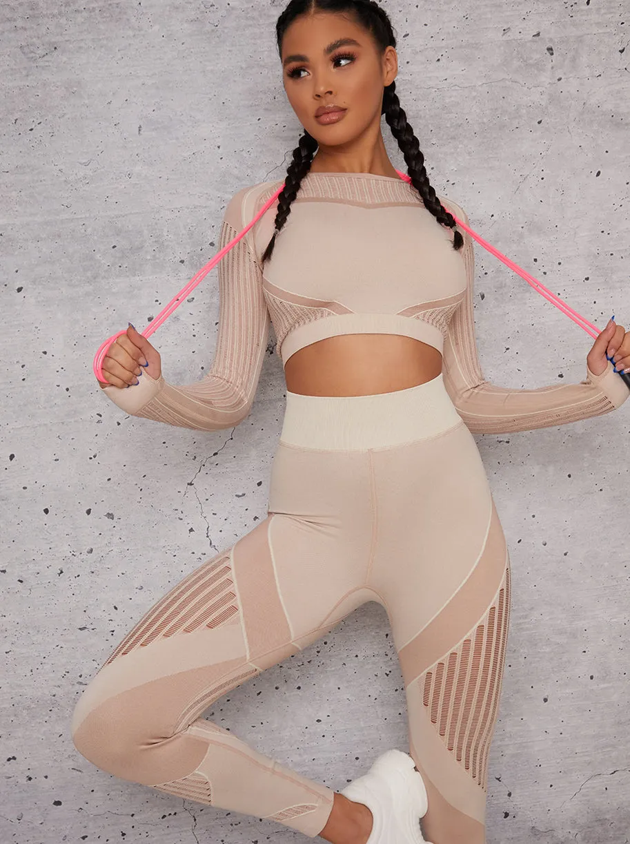 Long Sleeved Cropped Sports Top in Beige sold by Chi Chi London product image thumbnail 2