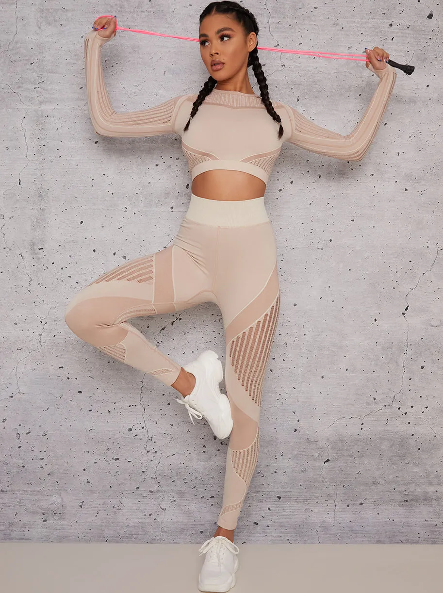 Long Sleeved Cropped Sports Top in Beige sold by Chi Chi London product image thumbnail 3