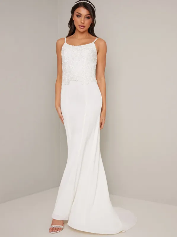 Cami Crochet Lace Bodice Wedding Dress in White sold by Chi Chi London