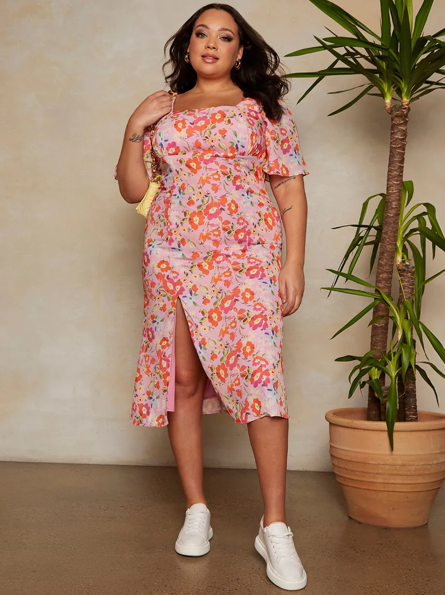 Plus Size Square Neck Floral Print Midi Dress in Pink sold by Chi Chi London product image thumbnail 4